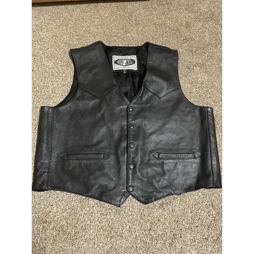 Z1R Mens Black Leather Motorcycle Vest Western Biker Snap Front Size 50